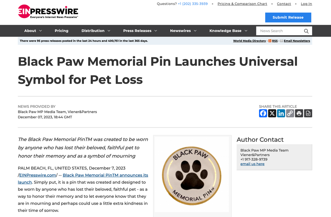 EIN Presswire: “Black Paw Memorial Pin Launches Universal Symbol for Pet Loss”